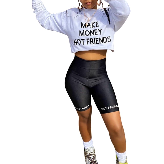 VISgogo - Conjunto de 2 piezas informales para mujer, de manga larga, con estampado de letras y pantalones cortos ajustados con banda elástica VISgogo moda