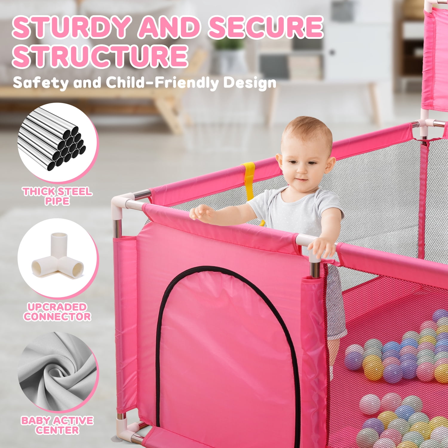 JoyStone 50 x 50 Baby Playpen with 30 Ocean Balls, Soft Mesh Sides, Basketball Hoop & Pull Rings, Indoor Baby Fence for Toddlers, Pink