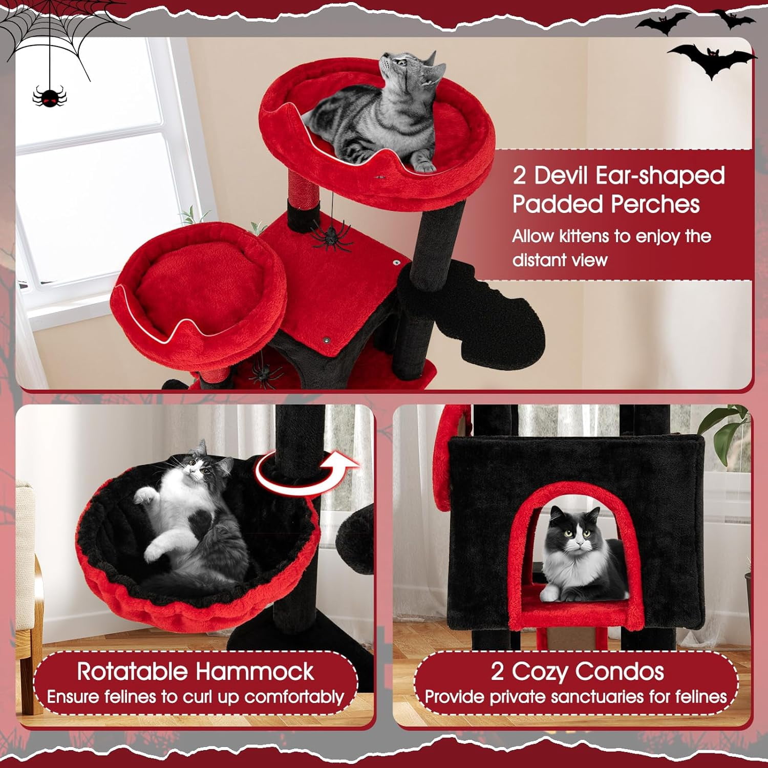 YounGG Gothic Cat Tree, Large Spooky Cat Tower with Sisal Scratching Posts & Ramp, 2 Cat Condos, 2 Devil Ear-Shaped Perches, Spider Toys, Bat-Shaped Platform, Basket Bed, Goth Cat Tree, Black & Red