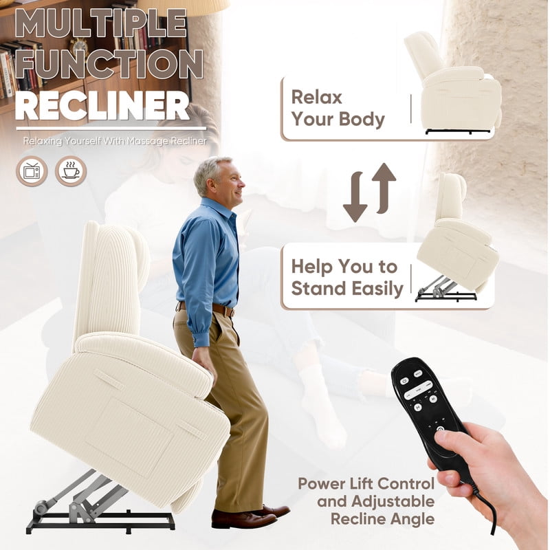 Homall Power Lift Recliner Chair with Massage for Living Room Recliner Chair for Elderly with Infinite Position Side Pocket and Saucer,Corduroy Beige