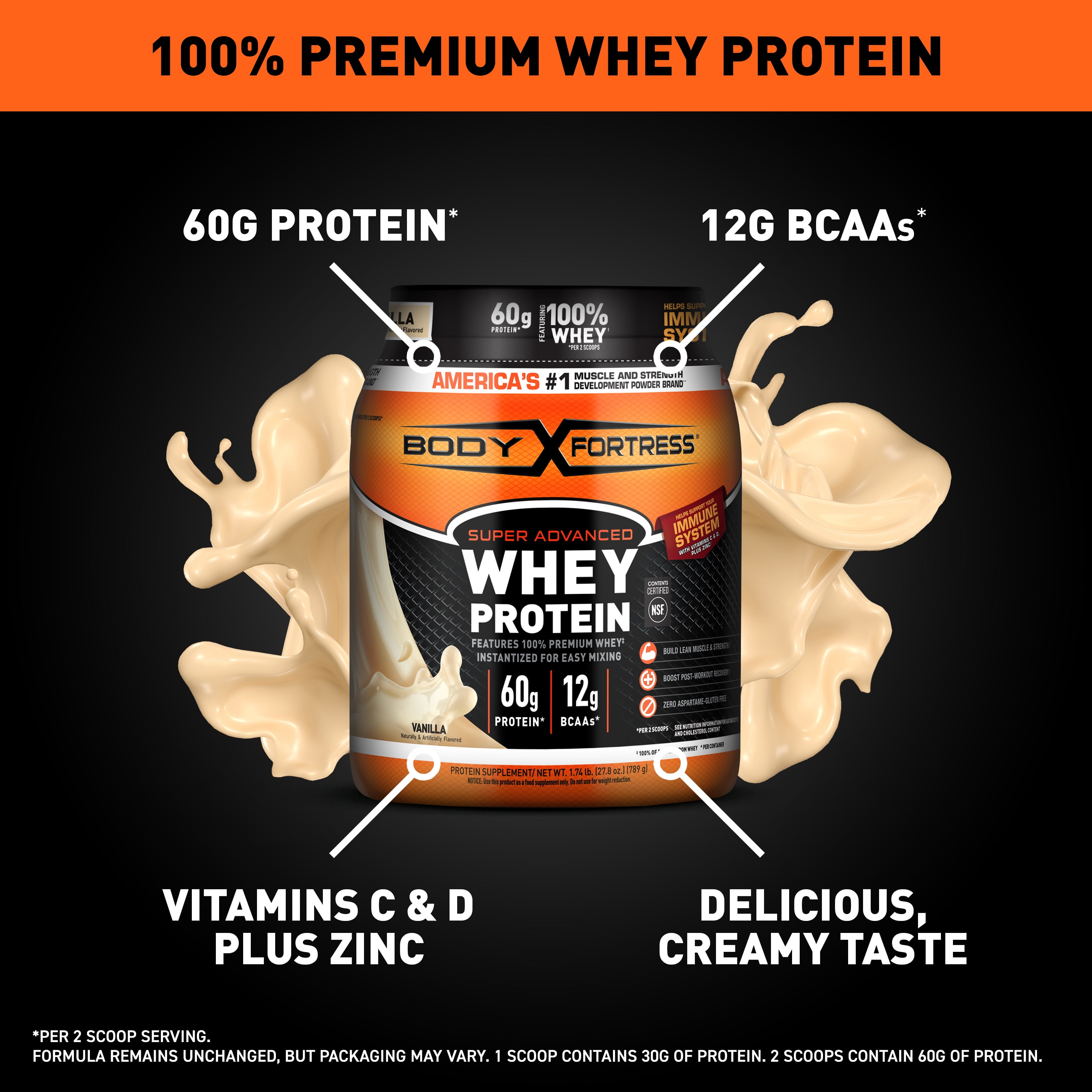 Body Fortress Super Advanced 100% Premium Whey Protein Powder, Vanilla, 60g Protein, Immune Support , Vitamins C & D Plus Zinc, 1.74 lbs (Packaging May Vary)
