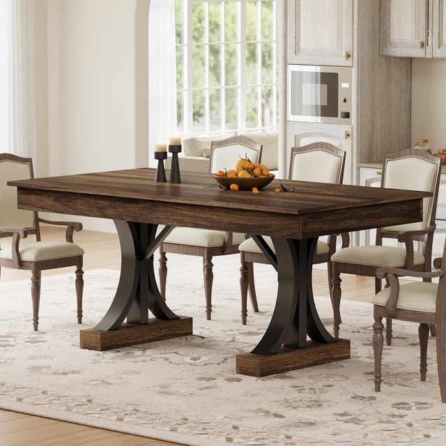 71-Inch Dining Table for 6-8 People,Wooden Kitchen Table with 2 Drawers,Rectangular Farmhouse Dinner Table with Double Pedestal for Kitchen Living Room