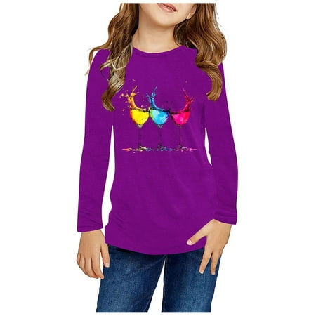 

PiGOGI Girlss Casual Long Sleeve Sweatshirt Crew Neck Cute Pullover Relaxed Fit Tops 1-12 Years Purple