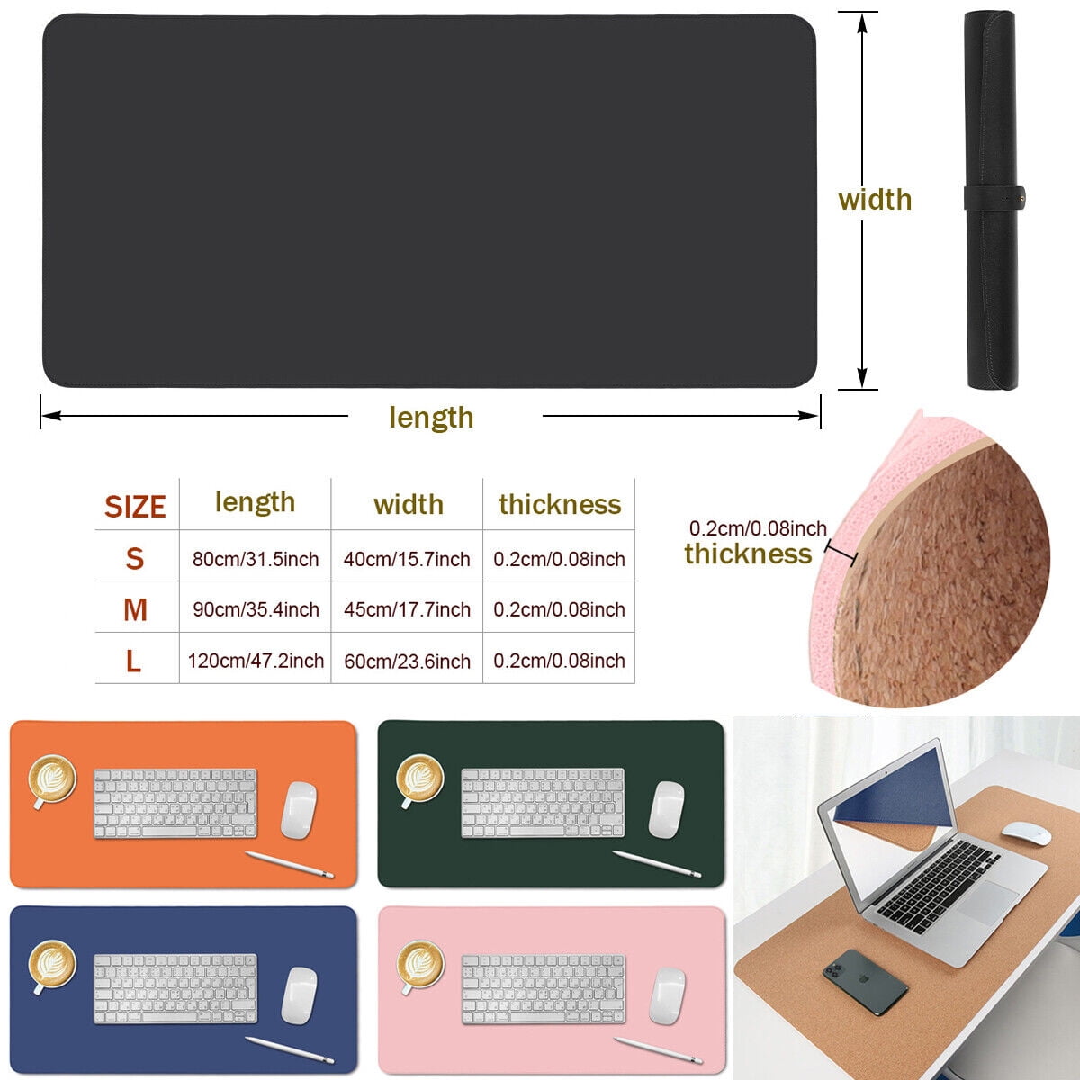 Large Dual Side Office Desk Mat Waterproof Cork & Leather Laptop Pad Mousemats