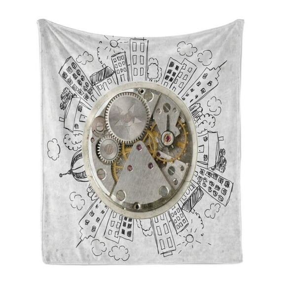 Clock Soft Flannel Fleece Throw Blanket, Alarm Clock with Cloudsd Buildings Around It in Vintage Style Pattern Design, Cozy Plush for Indoor and Outdoor Use, 50" x 60", Pale Grey, by Ambesonne