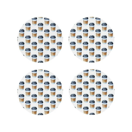 

KLL Drink Coasters Set Round Shape of 4 PU Leather Absorbent Coasters Set Decorative Coffee Cup Coasters Housewarming Gift for Home Decor-Coffee To Go Pattern