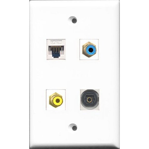 RiteAV 1 Port RCA Yellow and 1 Port RCA Blue and 1 Port Toslink and 1 Port Cat5e Ethernet White Wall Plate