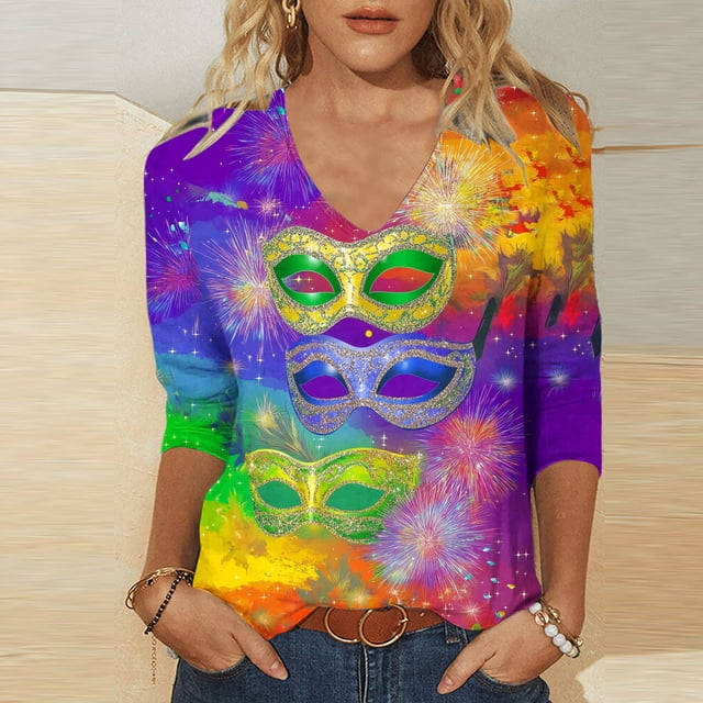 UPPADA Femmes T-Shirts à Manches 3/4 Mardi Gras Yall T-Shirts à Imprimé Floral Col Ras du Cou Blouse à devant Plissé Hauts d'Été Décontractés Chandail à Enfiler Haut Mode Fête Défilé Hauts Hauts pour Femmes Offres à Manches 3/4