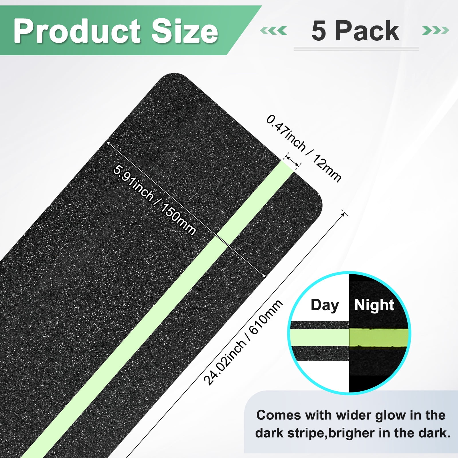 Uxcell 5-Pack Anti Slip Traction Tape 24 Inch X 6 Inch Best Grip Tape Grit with 12mm Glow in Dark Stripe Outdoor Non-Skid Tape for Stairs Step Black+Green