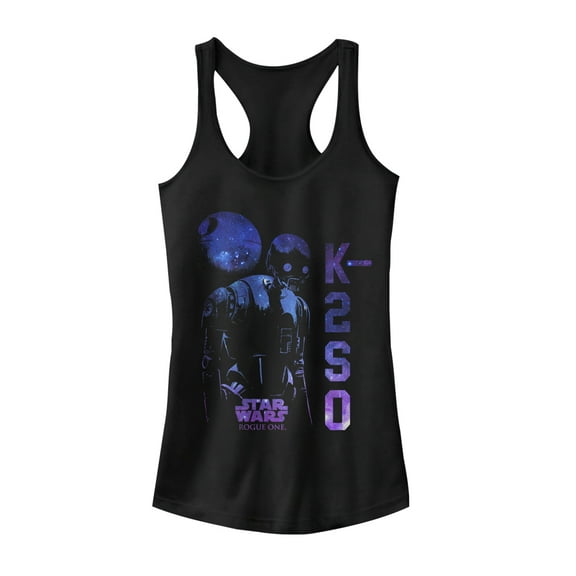 Junior's Star Wars Rogue One K-2SO Galaxy Print Racerback Tank Top Black Large