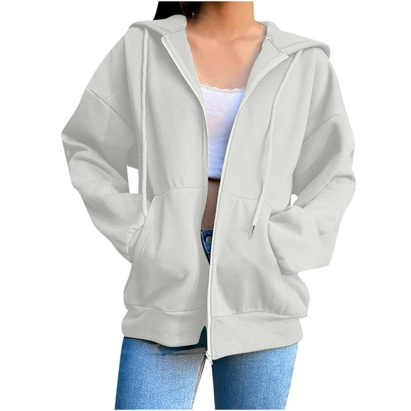PEZHADA Fall Savings Women Lightweight Thin Zip-Up Hoodie Jacket Solid Plus Size Long Sleeve Drawstring Hooded Sweatshirt with Pocket White