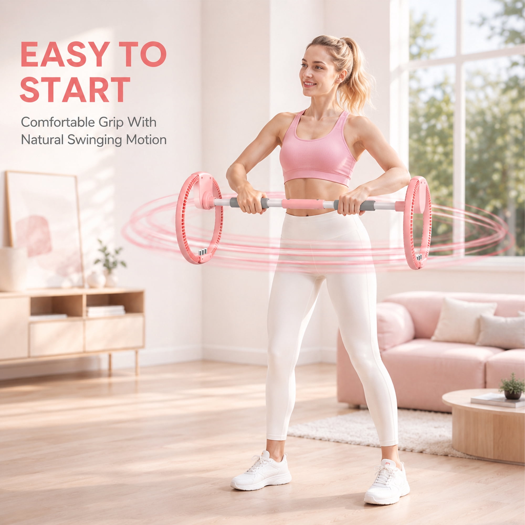 Exercise Wheel with Adjustable Arms and Dual-Wheel Design, Forearm Wrist Trainer and Fitness Equipment for Home Gym Office, Pink