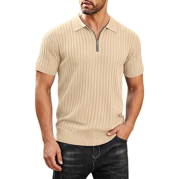 KIHOUT Men's Ribbed Knit Quarter-Zip Polo Shirt, Short Sleeve Casual & Business Textured Top