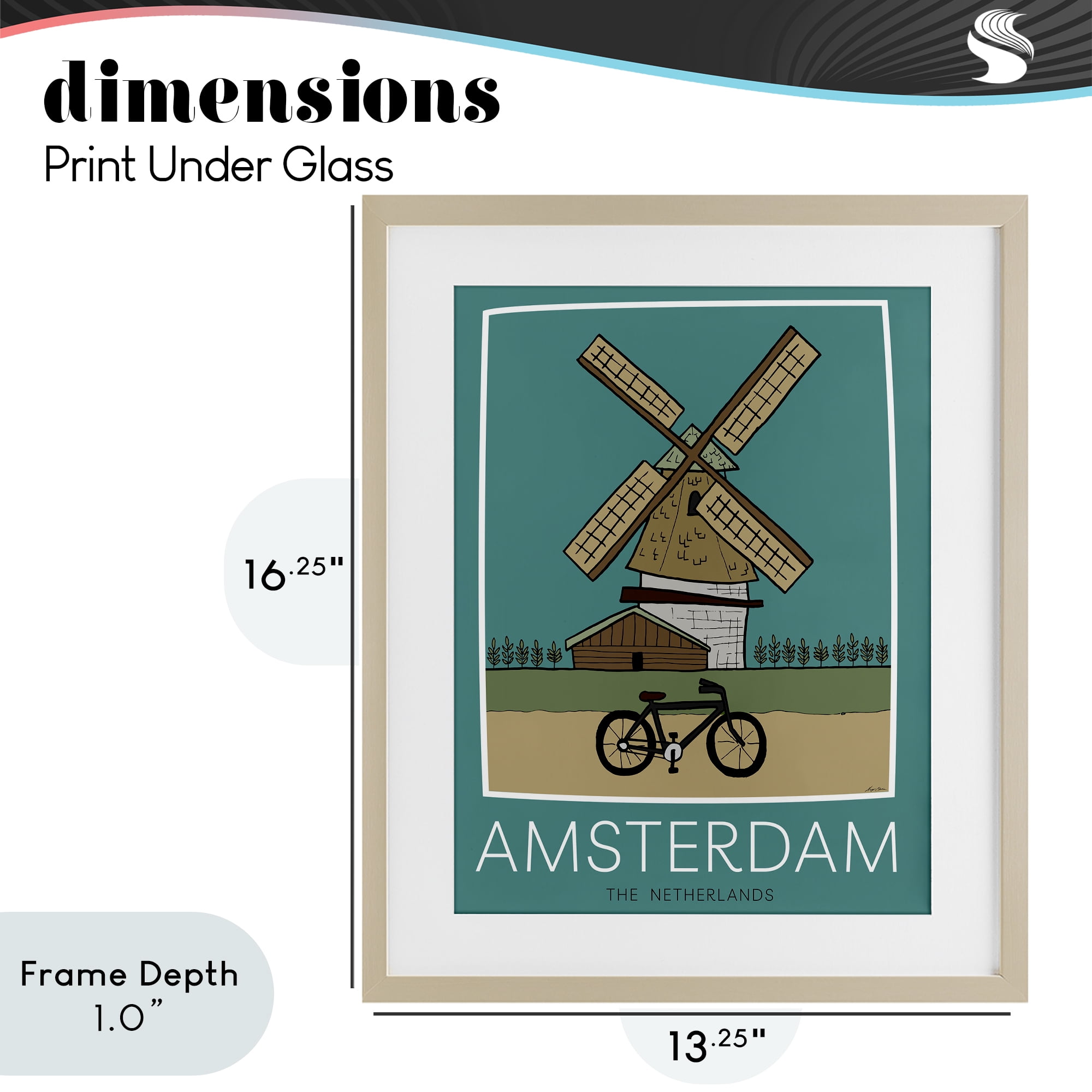 Stupell Industries Amsterdam Windmill Poster Birch Framed Print Under Glass, design by Hugo Edwins