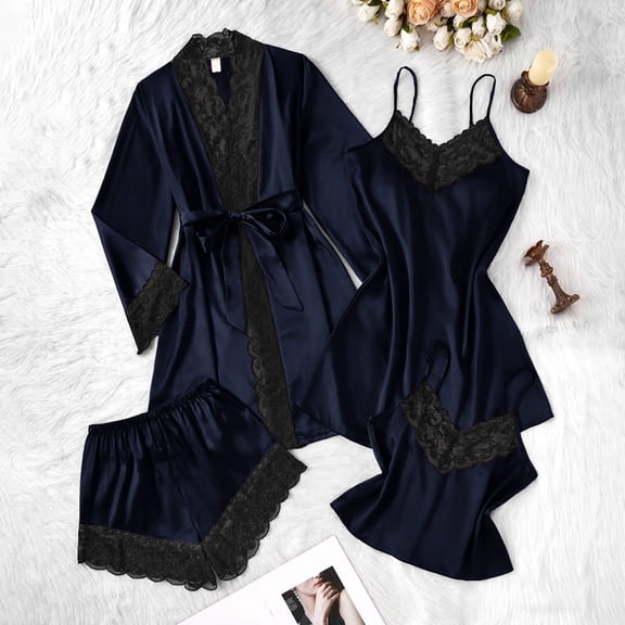 Women's 4pc Satin Sleepwear Sets Lace Cami Tops with Shorts Mini Nightgown Pajamas with Robes Home Suit Navy S