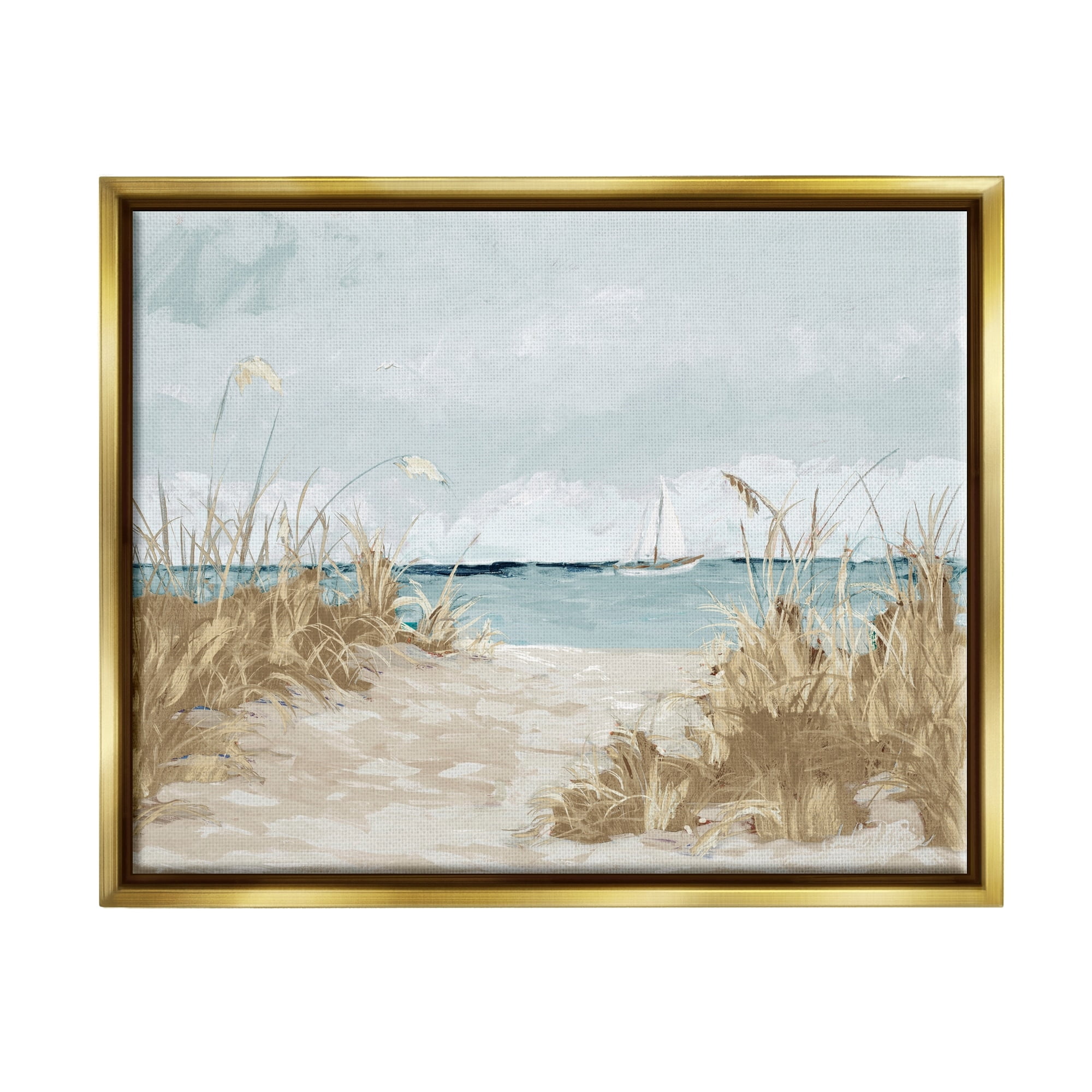 Stupell Industries Sandy Beach Walkway Distant Sailboats Floating Sea Painting Metallic Gold Floating Framed Canvas Print Wall Art, Design by Julie Derice