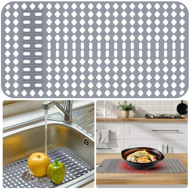 CNKOO Silicone Sink Mat 28×14 Inch Kitchen Sink Mat Heat-Resistant Hollowed Sink Liner Mat with Non-Slip Raised Feet DIY Cuttable Sink Drainer Mat Dishwasher Safe Sink Protector Mat for