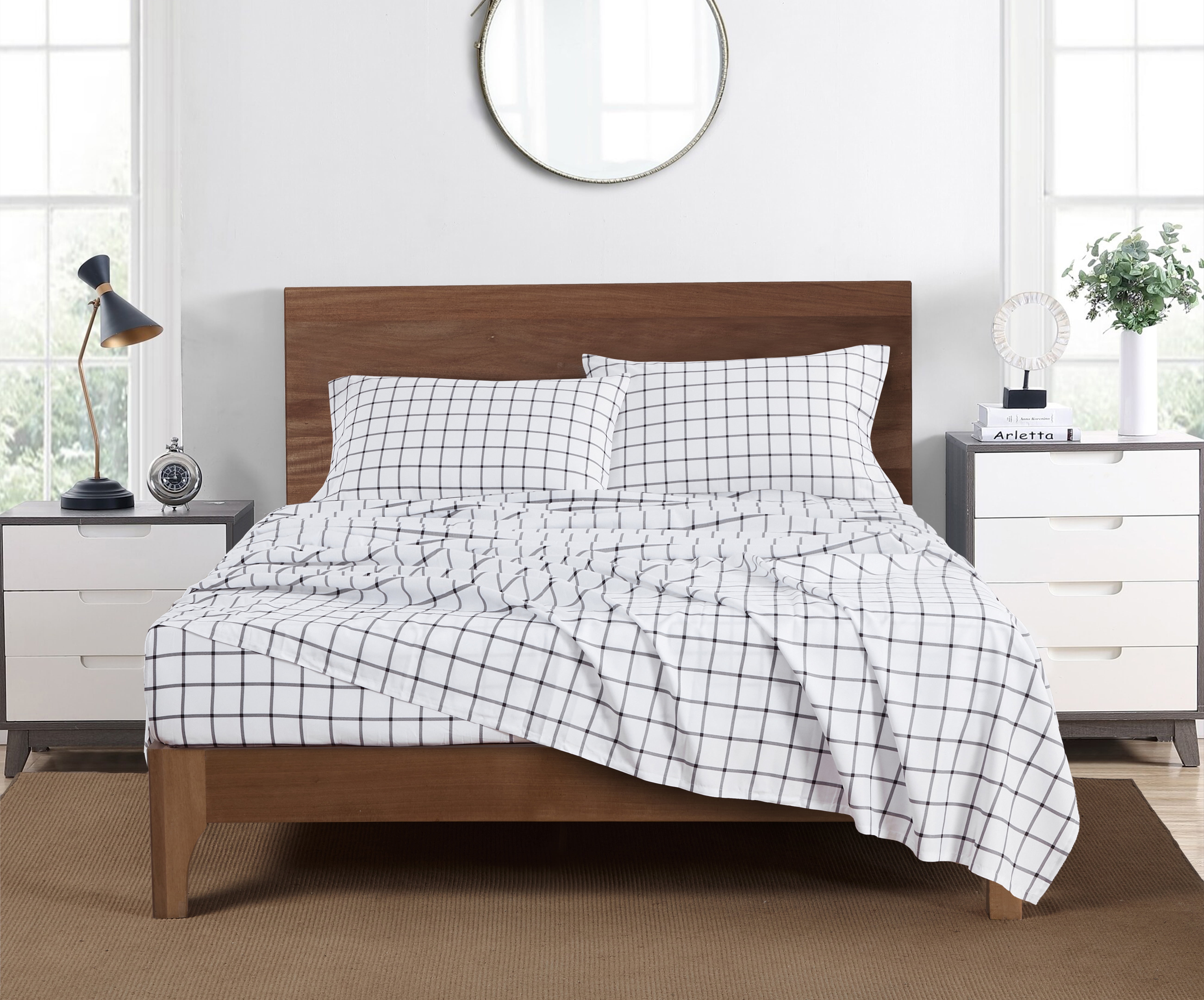 Mainstays Super Soft Brushed Microfiber Bed Sheet Set, King, White Windowpane, 4 Piece
