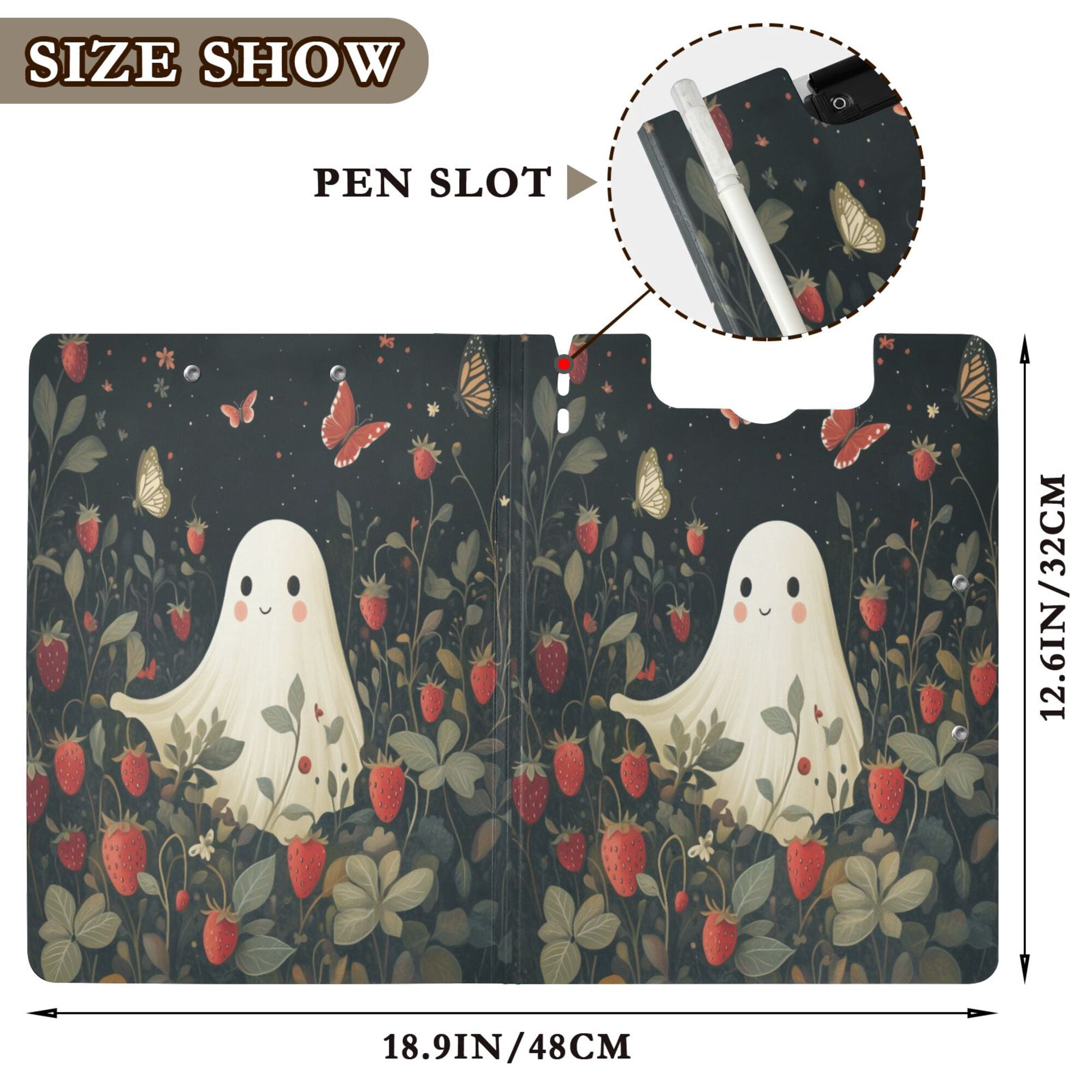 FORMRS A4 Clipboard Folder with Pen Holder Horizontal Foldable School Office Binder, Happy Ghost