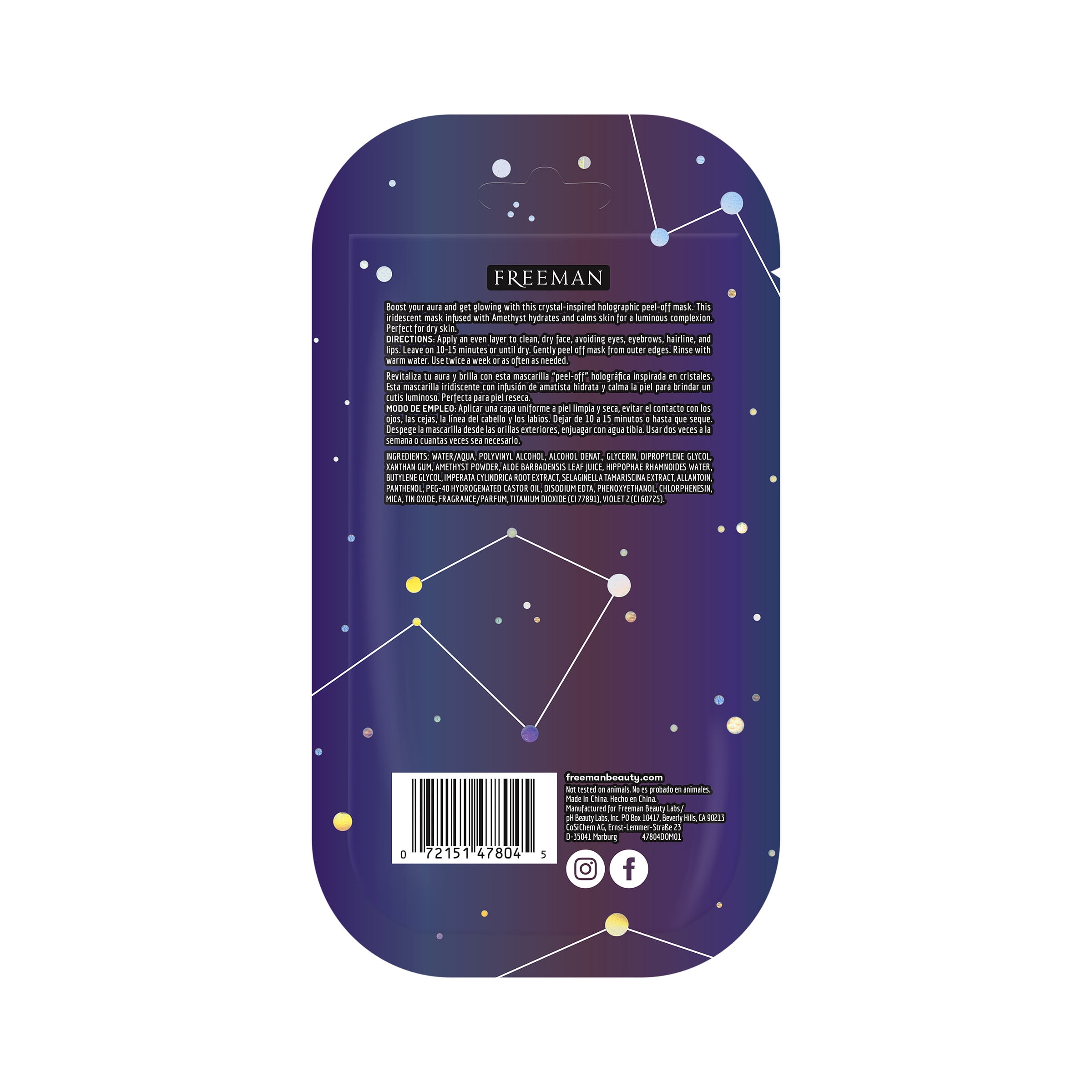 (4 pack) Freeman Cosmic Hydrating Amethyst Peel-off Facial Mask, for Dry Skin,  2 Pack Sachet