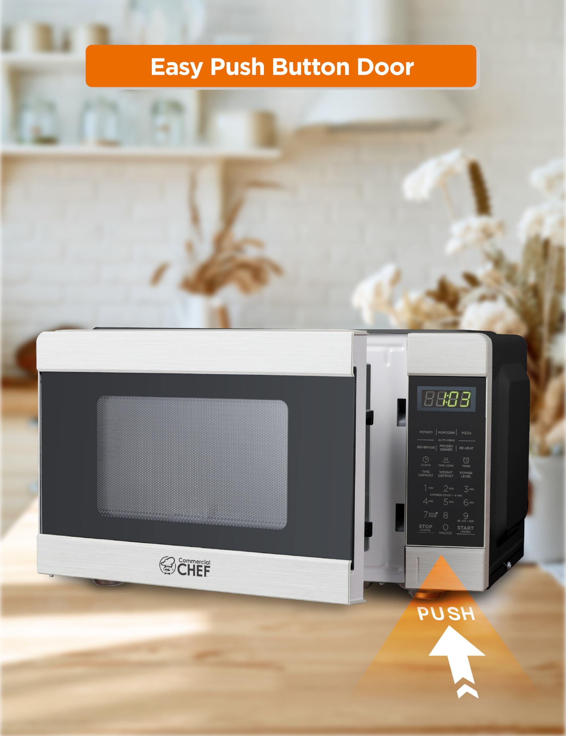 Commercial Chef CHM009 Countertop Microwave 900W, 0.9 cu. ft., Stainless Steel and Black, Small