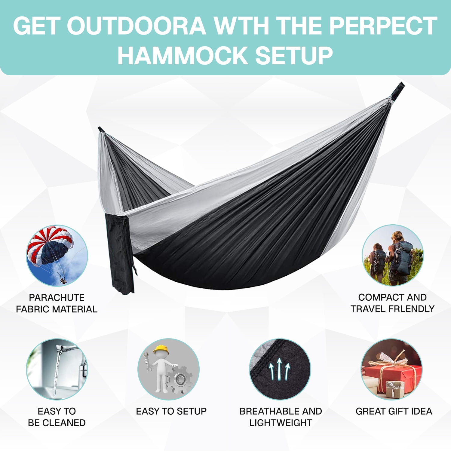 BN-LINK Camping Hammock, Portable Lightweight Hammocks with Mosquito Net, Outdoor Hammocks for Backpacking,Beach,Backyard,Patio,Hiking,440 lb Capacity,Gray Black