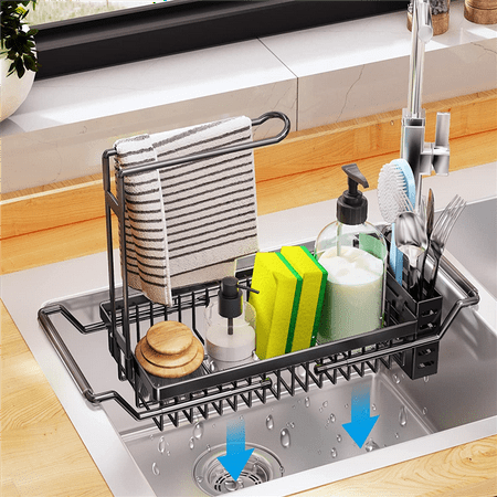 

Sponge Holder for Kitchen Sink Sink Expandable(16.7-21.2Inch)Kitchen Sink Organizer Dishcloth Towel Holder Black