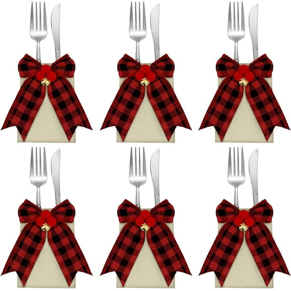 Yoyauz 6 PCS Christmas Cutlery Silverware Holder Christmas Utensil Holders Xmas Red/White Black Plaid Natural Burlap Dinner Table Holders Pockets for Christmas Wedding Party