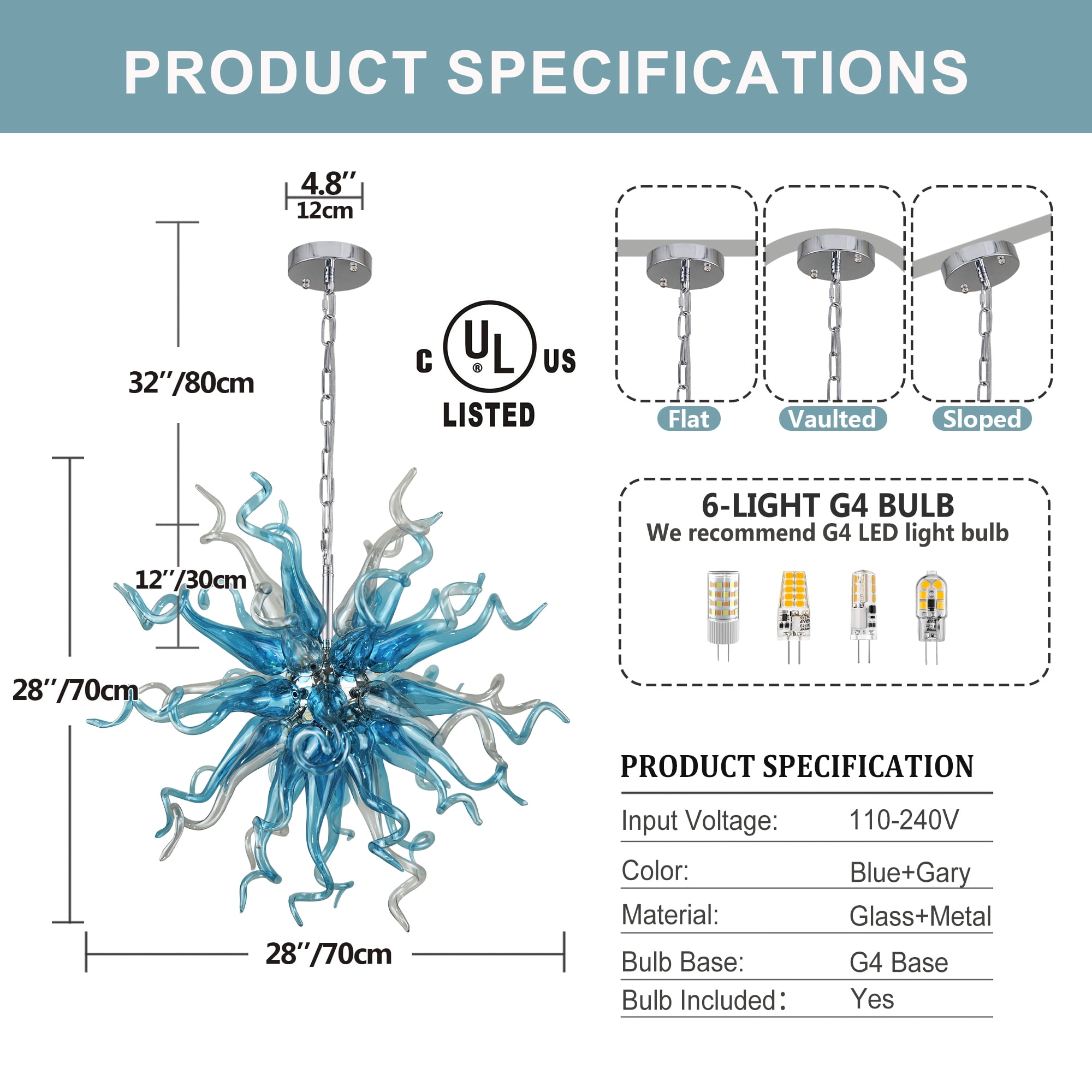 Longree Modern Adjustable Height 6-Light LED Chandelier, Blue Blown Glass Pendant Lights-28"Dia