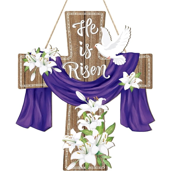 He is Risen Easter Decoration Wooden Wreaths Front Door Sign, Religious Cross Sign with Christian Lily Flowers Ornaments for Spring Home Farmhouse Party Porch Decor, 12.6 x 11 Inch