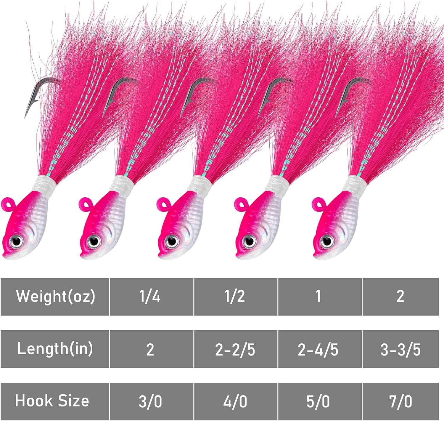 5-Pack Bucktail Jigs Hair Jigs Saltwater Freshwater Fishing Bucktail Lures Surf Fishing Jig Heads White Luminous Chartreuse Swimbait Jig for Bass Flounder Striper Bluefish Halibut Redfish