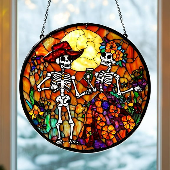 Dia De Los Muertos Sugar Skull Faux Stained Glass Suncatcher, Stained Glass Couple Calavera Window Hanging for Halloween, Day of the Dead Decor