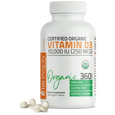 Bronson High Potency Vitamin D3 10,000 IU for Immune Support, Healthy Muscle Function & Bone Health, USDA Certified Organic Non-GMO Gluten Free Vitamin D Supplement, 360 Tablets
