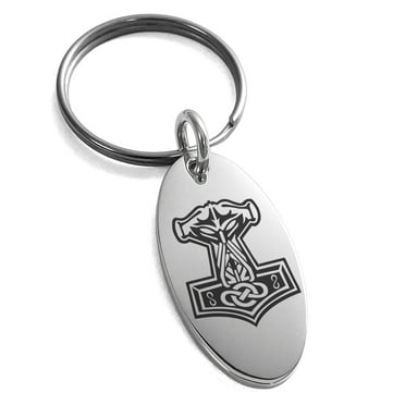 Stainless Steel Mjolnir Thor's Hammer Viking Norse Engraved Small Oval Charm Keychain Keyring