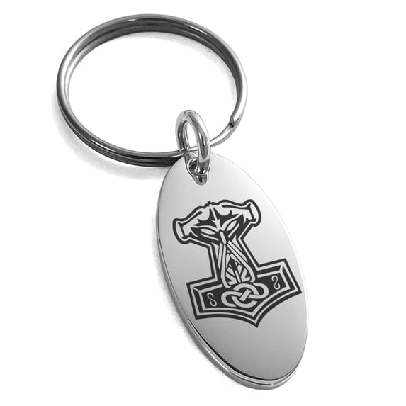 Stainless Steel Mjolnir Thor's Hammer Viking Norse Engraved Small Oval Charm Keychain Keyring