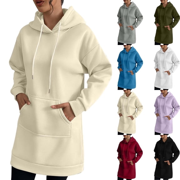 Fall Fashion 2025 Long Sleeve Dress for Women Plus Size Solid Color Hooded Sweatshirt Dress with Pockets(Beige S)