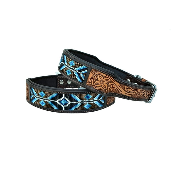Leather Dog Collar Western Style Heavy Duty Hand Tooled Adjustable Beaded and Padded Soft for Puppies and Big Dogs 10AB017