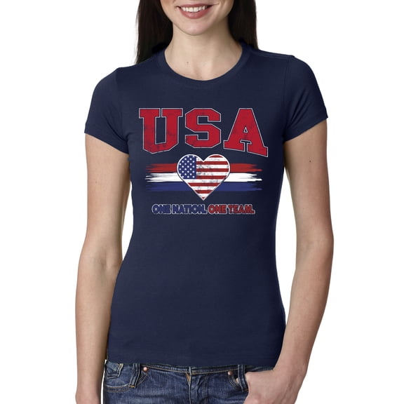 Wild Bobby USA Flag Heart One Nation One Team Graphic | Women's Novelty T-Shirt | Soccer Football Fan Game Day Gift for Her Women Slim Fit Junior Tee
