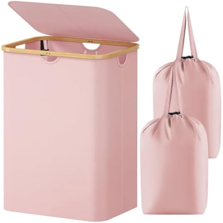 Lifewit 150L Laundry Basket with Lid, Clothes Hampers for Laundry with Bamboo Handles and 2 Removable Laundry Bags, Large Foldable Laundry Hamper for Bedroom, Bathroom, Dorm, Laundry Room, Pink