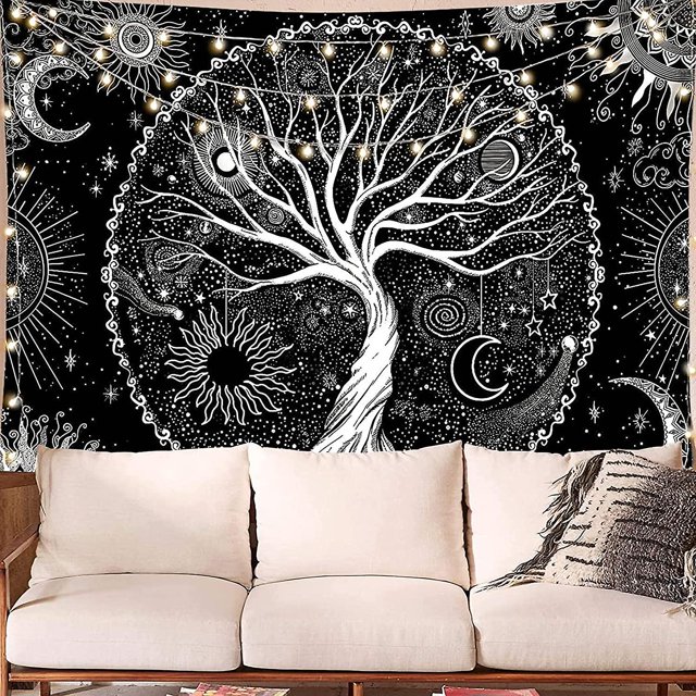 Tapiz de árbol de la vida estrellado en blanco y negro - Tapiz estético para colgar en la pared decoración del hogar para dormitorio, sala de estar (m/150x130cm, árbol de la vida). Afortunado Sencillez