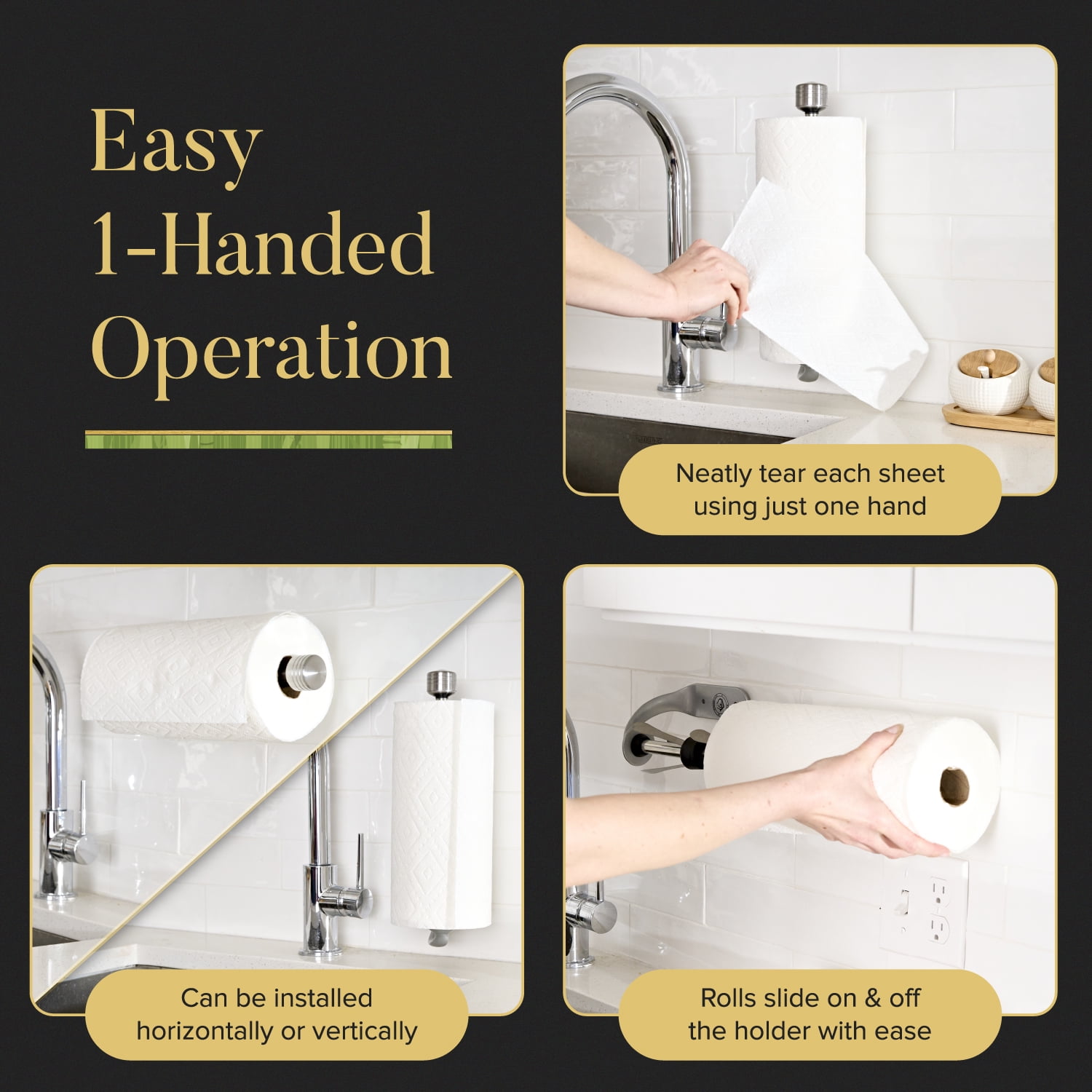 Stainless Steel Wall Mount Paper Towel Holder - One Handed Tear Wall Mounted & Under Counter Paper Towel Holder Dispenser