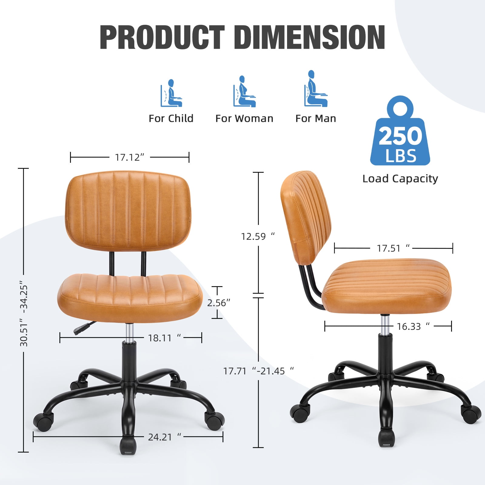 Gianna Armless Office Desk Chair with Adjustable Height, 360°Swivel, and Computer Chair with Lumbar Support, Brown