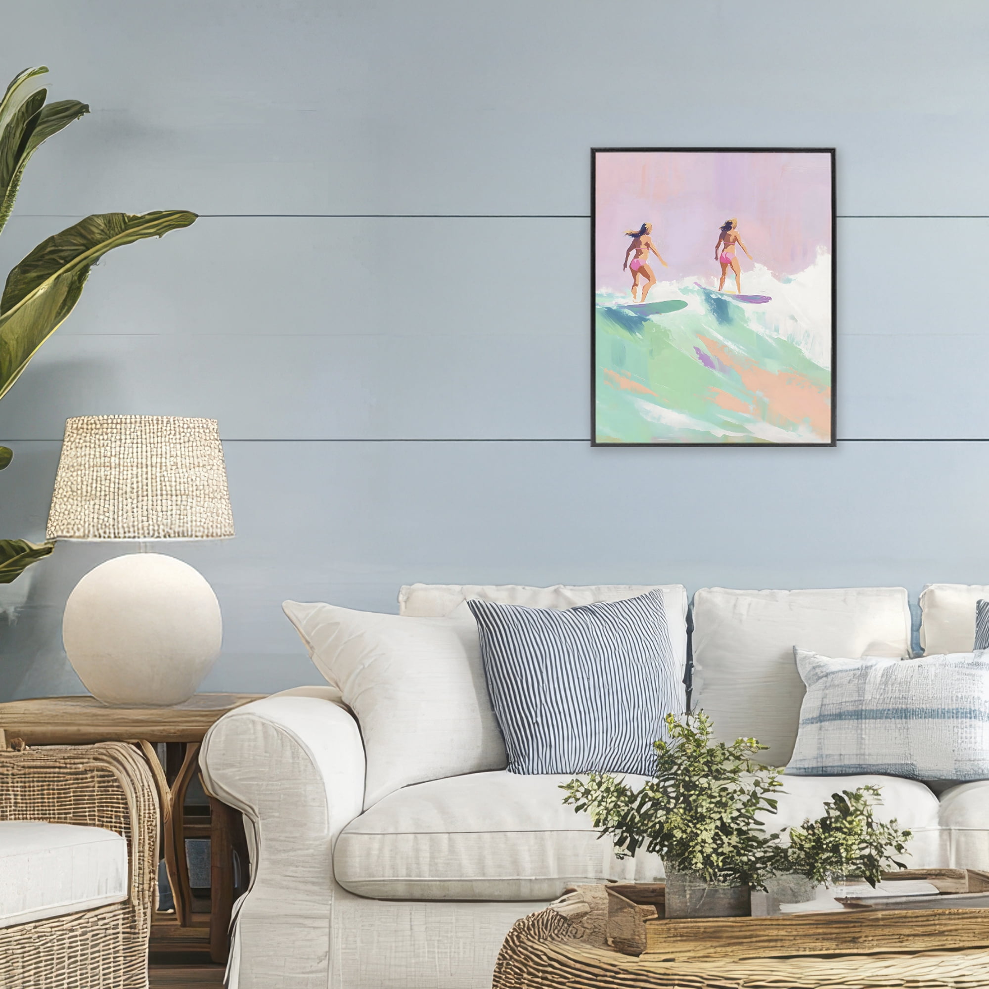 Stupell Industries Two Surfing Girls on Wave Black Framed Giclee Art, design by The Prints Vibe