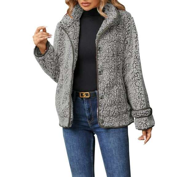 HTNBO Womens Winter Coats Fleece Fuzzy Sherpa Jackets Casual Button Down Lapel Warm Outerwear Lightweight Jackets