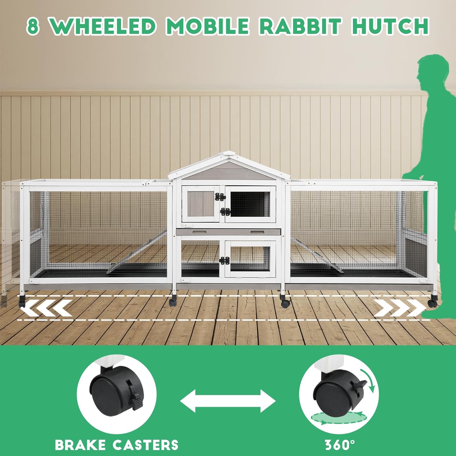 Gowoodhut Large Rabbit Hutch Outdoor Indoor with Run,  Rabbit Cage with 8 Wheels, Waterproof Roof, Guinea Pig Cage for Small to Medium Pets