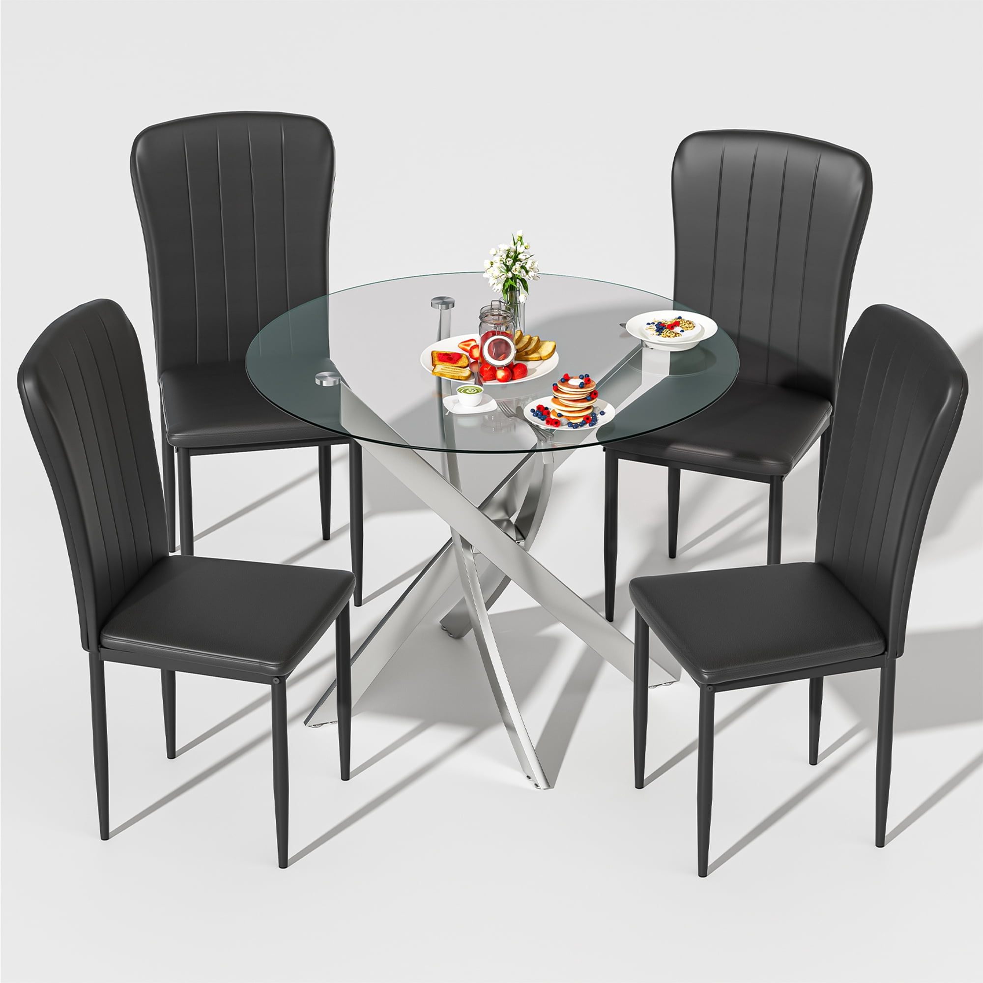 Round Dining Table Set for 4, 5-Piece Modern Tempered Glass Table with 4 Black Chairs - Compact Design for Kitchen/Living Room/Dining Room
