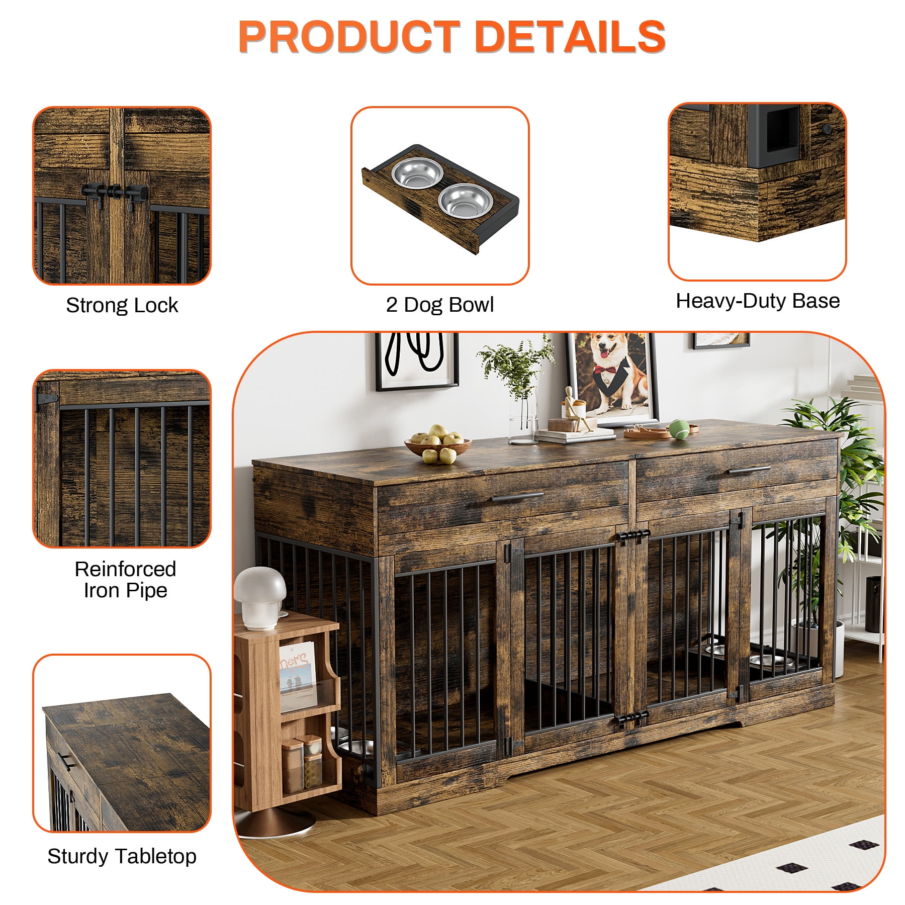 Rophefx 72" Dog Crate Furniture for 2 Dogs,Large Kennel with 2 Drawers and 4 Bowls,Wooden Heavy Duty Indoor Dog House,Brown