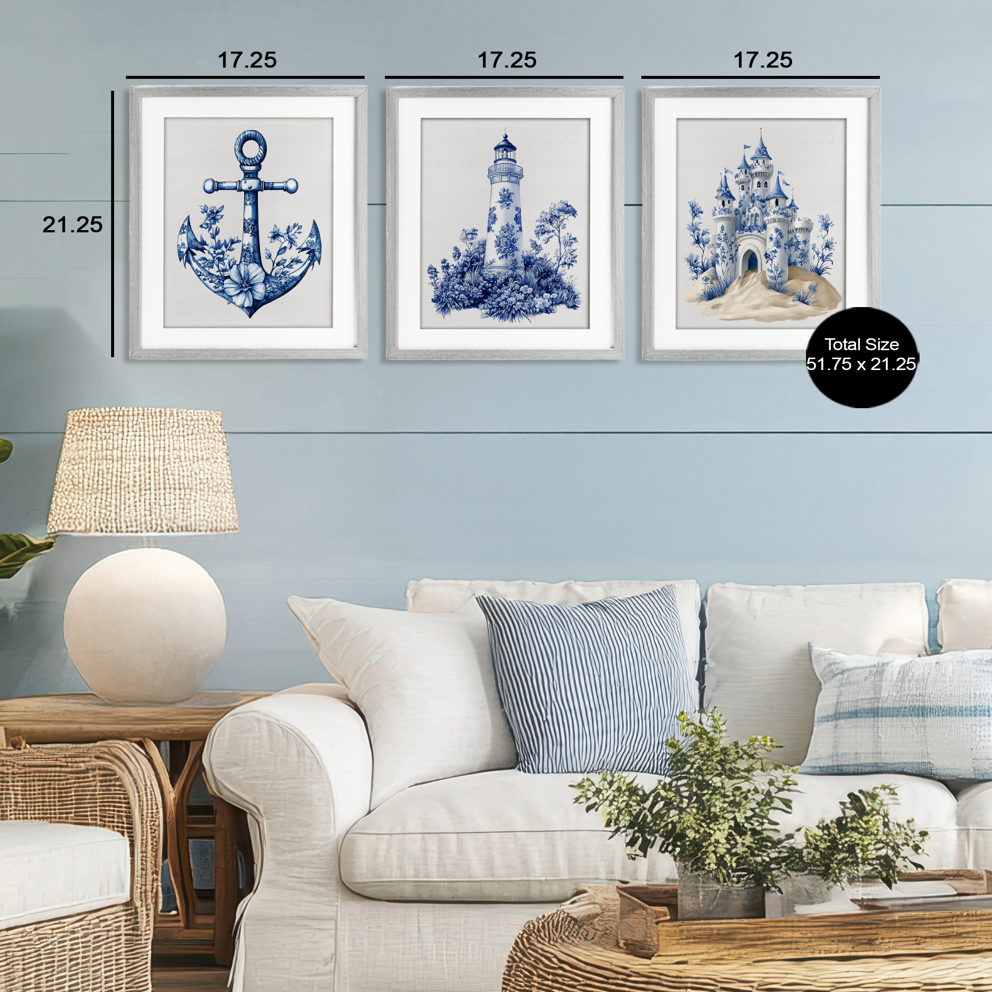 Ornate Nautical Toile Patterns 3 Piece Gray Framed Print Under Glass Set, design by Lettered and Lined
