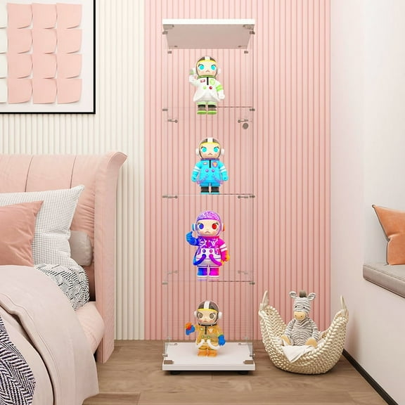 64.5" 4-Shelf Glass Display Cabinet Freestanding Floor for Collectibles, Corner Curio Cabinet with Glass Door, 4 Units, Tall Curio Cabinet Collection Display Case for Living Room Bedroom, White