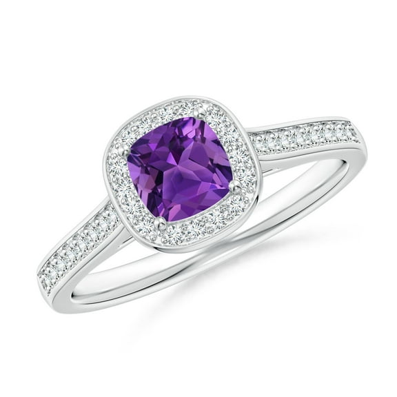 ANGARA Natural Classic Cushion Amethyst Ring with Diamond Halo in 14K White Gold for Women (Size-5mm) | February Birthstone, Birthday, Anniversary, Jewelry Gift for Women | Natural Amethyst Ring